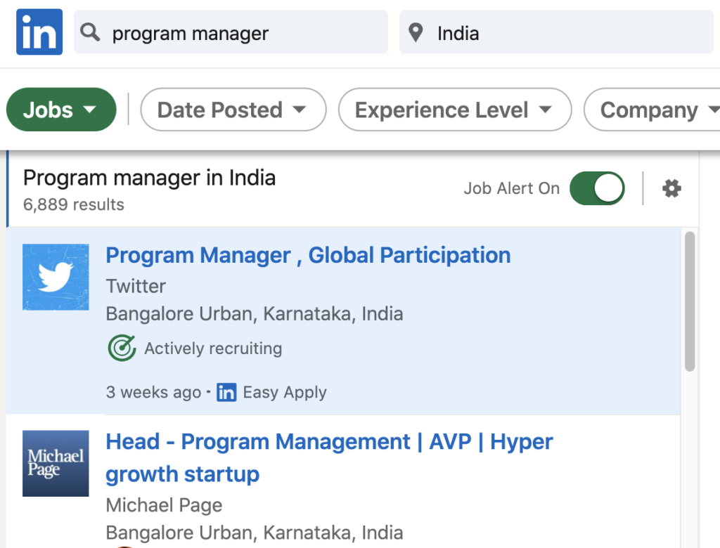 LinkedIn Program Manager job search results